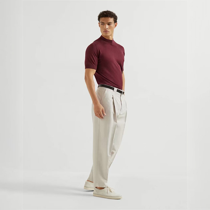 brunello cucinelli panama cotton linen pleated long trousers